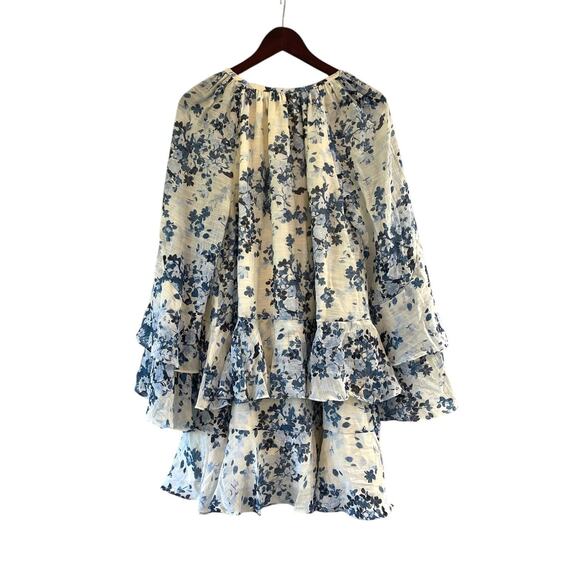 Anthropologie Maeve Long-Sleeve V-Neck Mini Swing Dress Blue Floral Medium New - Picture 7 of 10